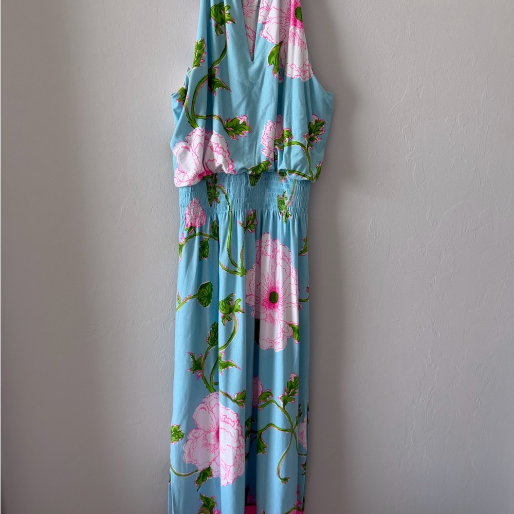 Lilly Pulitzer Fresh Water Blue Halter Midi with Pink and Green Floral Print